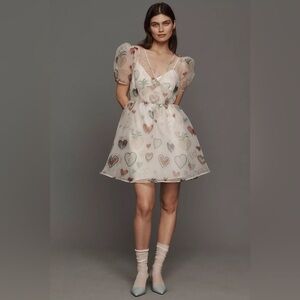 Farm Rio X Anthropologie Semi Sheer Puff Sleeve Mini Dress NWT Size XS Hearts